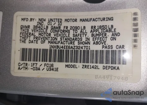 2010 Toyota Corolla Le из США, поврежденный, VIN 1NXBU4EE6AZ324701